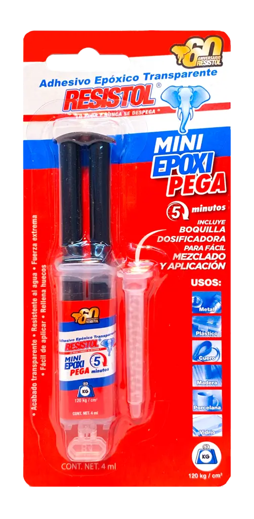 Presentación en empaque tipo blíster del adhesivo epóxico transparente Mini Epoxi Pega de 4 mililitros marca Resistol para el catálogo de Disfersa