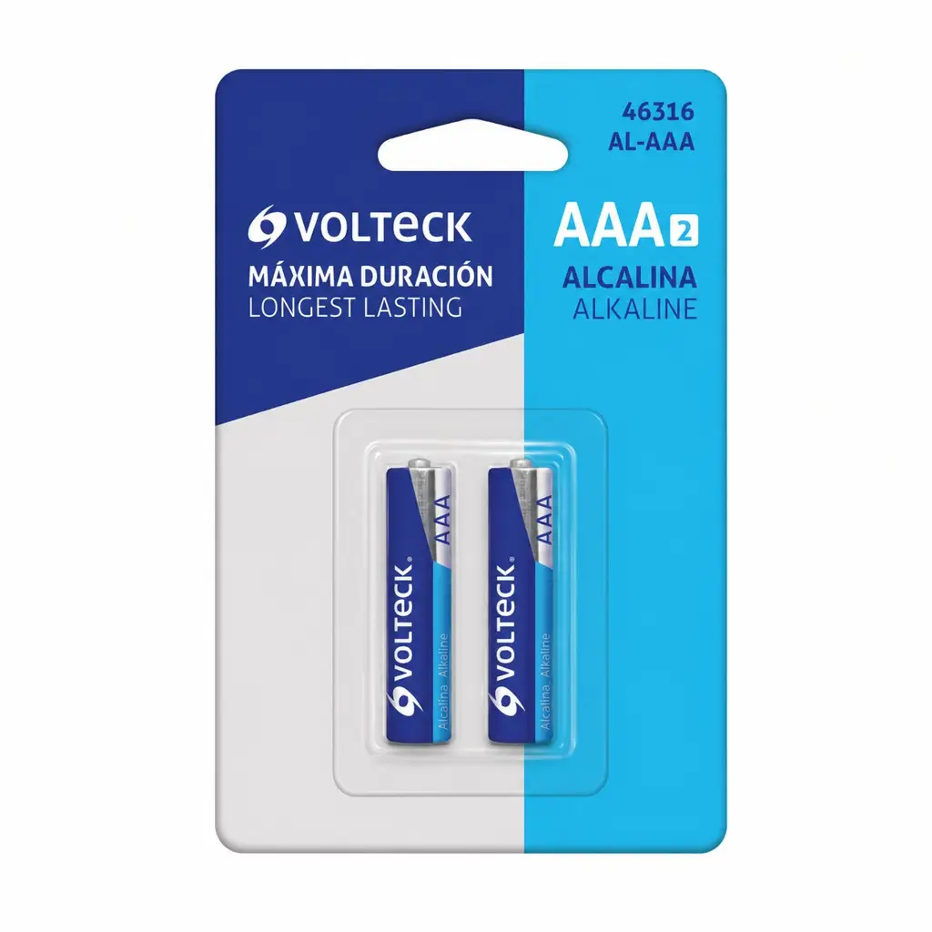 Blíster con dos baterías alcalinas AAA Volteck de 1.5V, ideales para dispositivos electrónicos 2