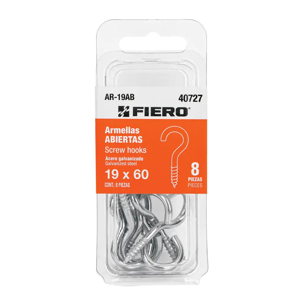 Paquete de ganchos de ojo abierto tipo armella marca Fiero de acero galvanizado 1