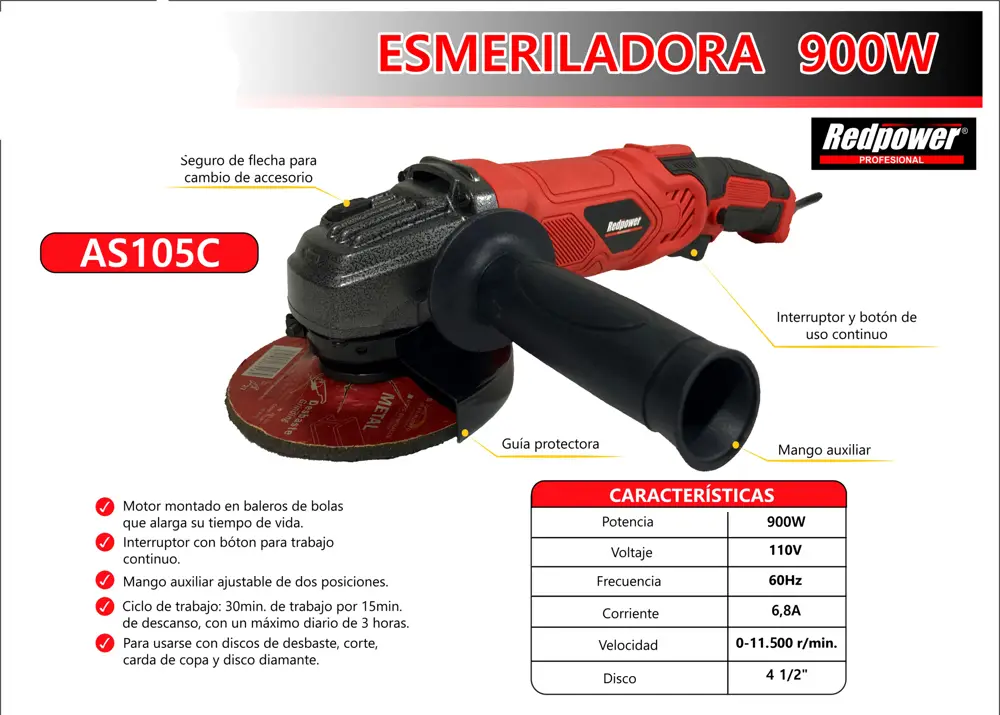 Esmeriladora angular Red Power de 4 1/2 pulgadas y 900W, color rojo y negro, sobre una superficie de trabajo. 2
