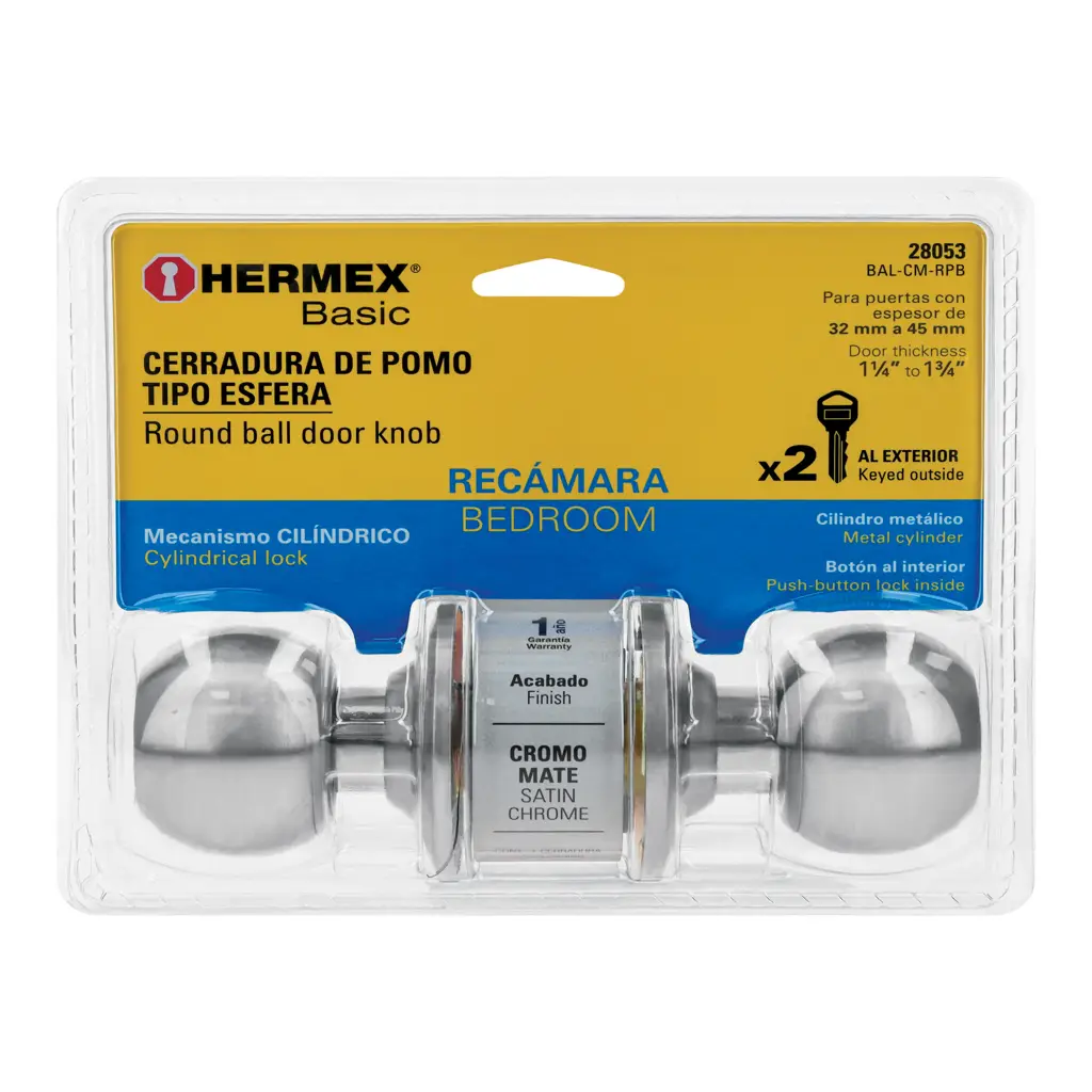 Empaque frontal en blíster de la cerradura para recámara Hermex Basic modelo BAL-CM-RPB, destacando su acabado en cromo mate y la inclusión de llaves.