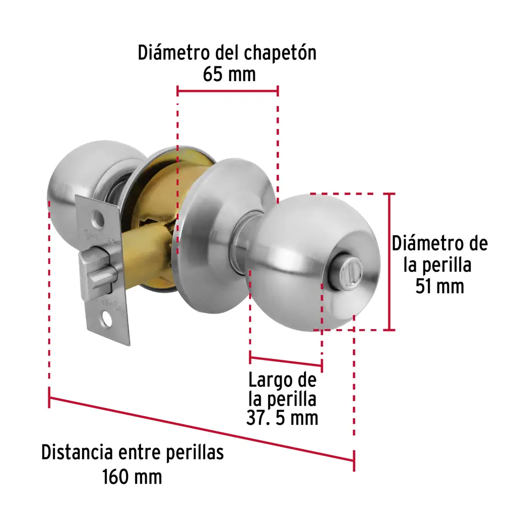 Esquema técnico con las dimensiones de la cerradura Hermex: diámetro del chapetón (65 mm), diámetro de la perilla (51 mm), largo de la perilla (37.5 mm) y distancia entre perillas (160 mm).