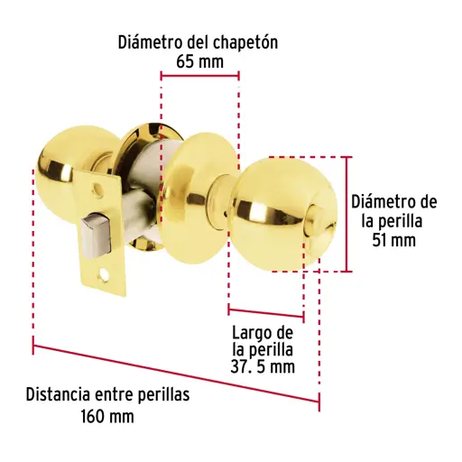 CERRADURA TIPO BOLA PARA BAÑO LATON HERMEX