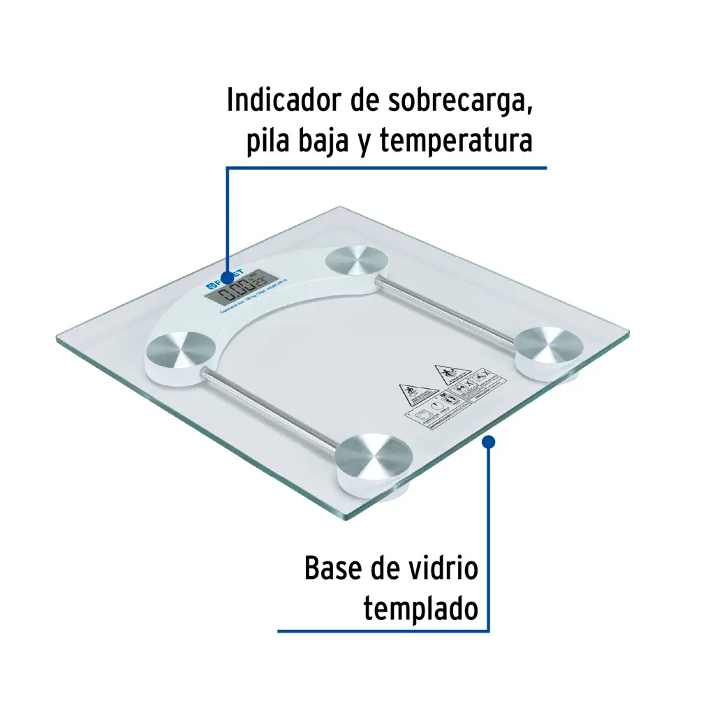 Infografía de especificaciones destacando la base de vidrio templado y el indicador multifunción de la báscula digital.