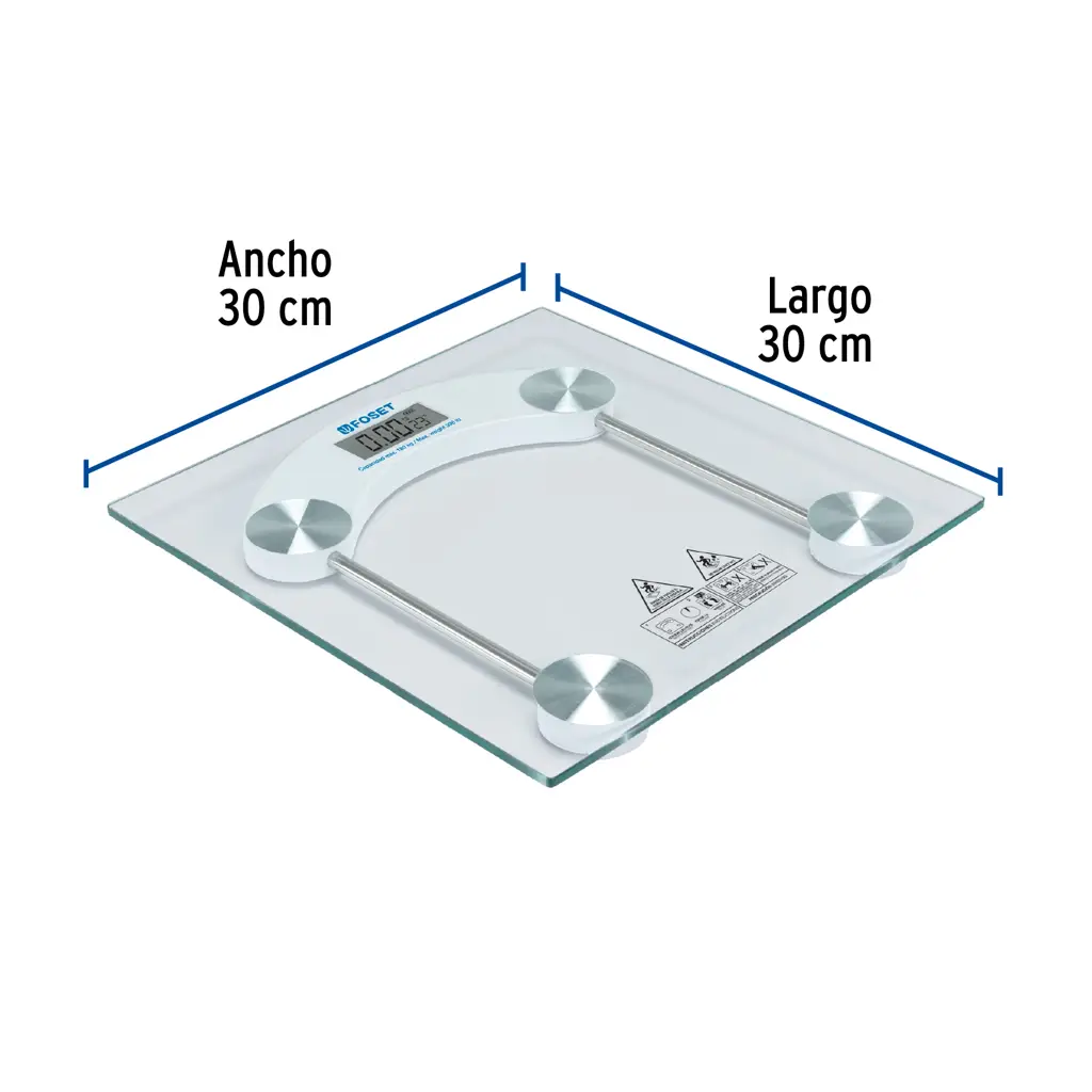 Esquema de dimensiones mostrando el ancho de 30 centímetros y el largo de 30 centímetros de la báscula digital.