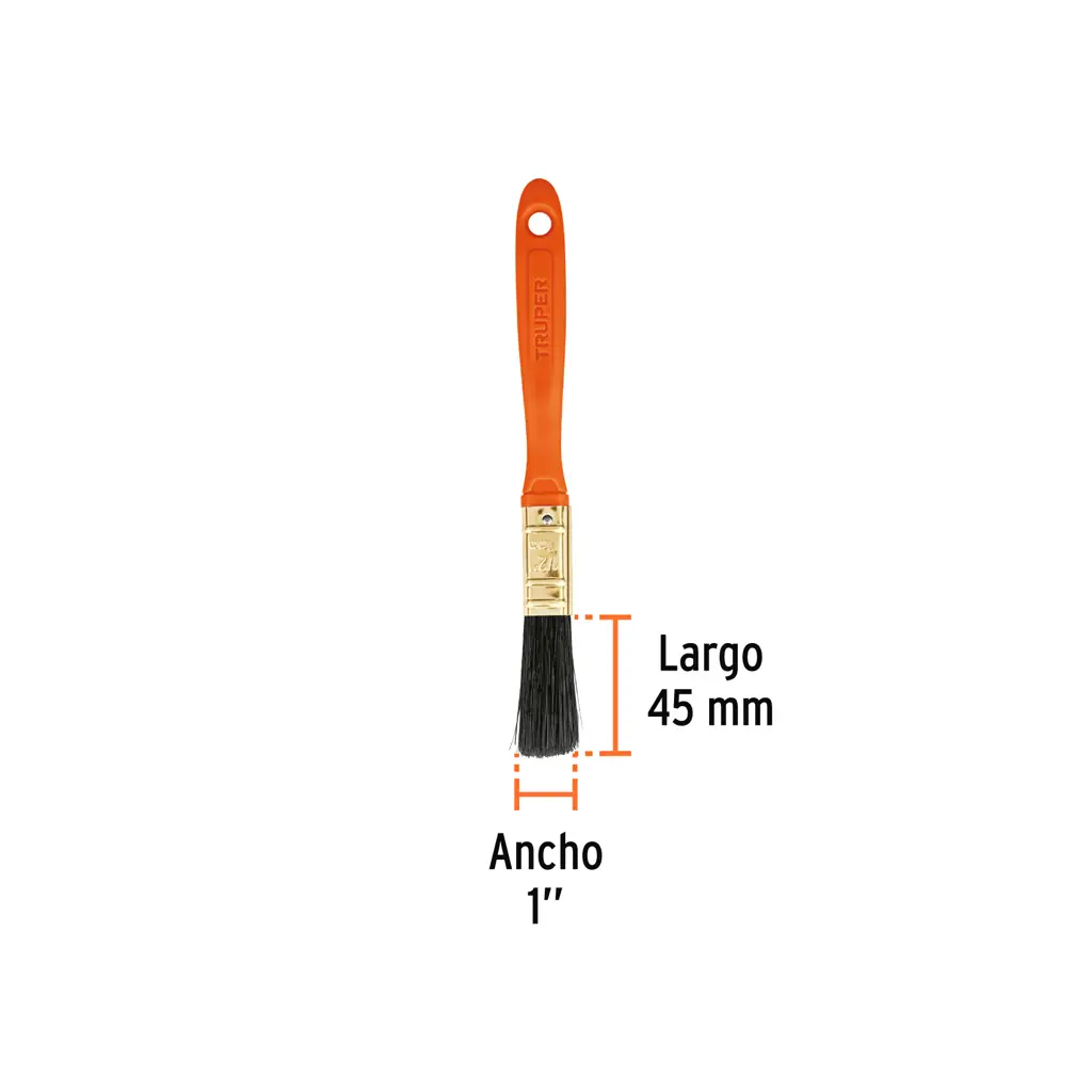 Foto del producto de la brocha Truper que muestra sus dimensiones: ancho de las cerdas de 1 pulgada (2.5 cm) y largo de las cerdas de 45 mm.