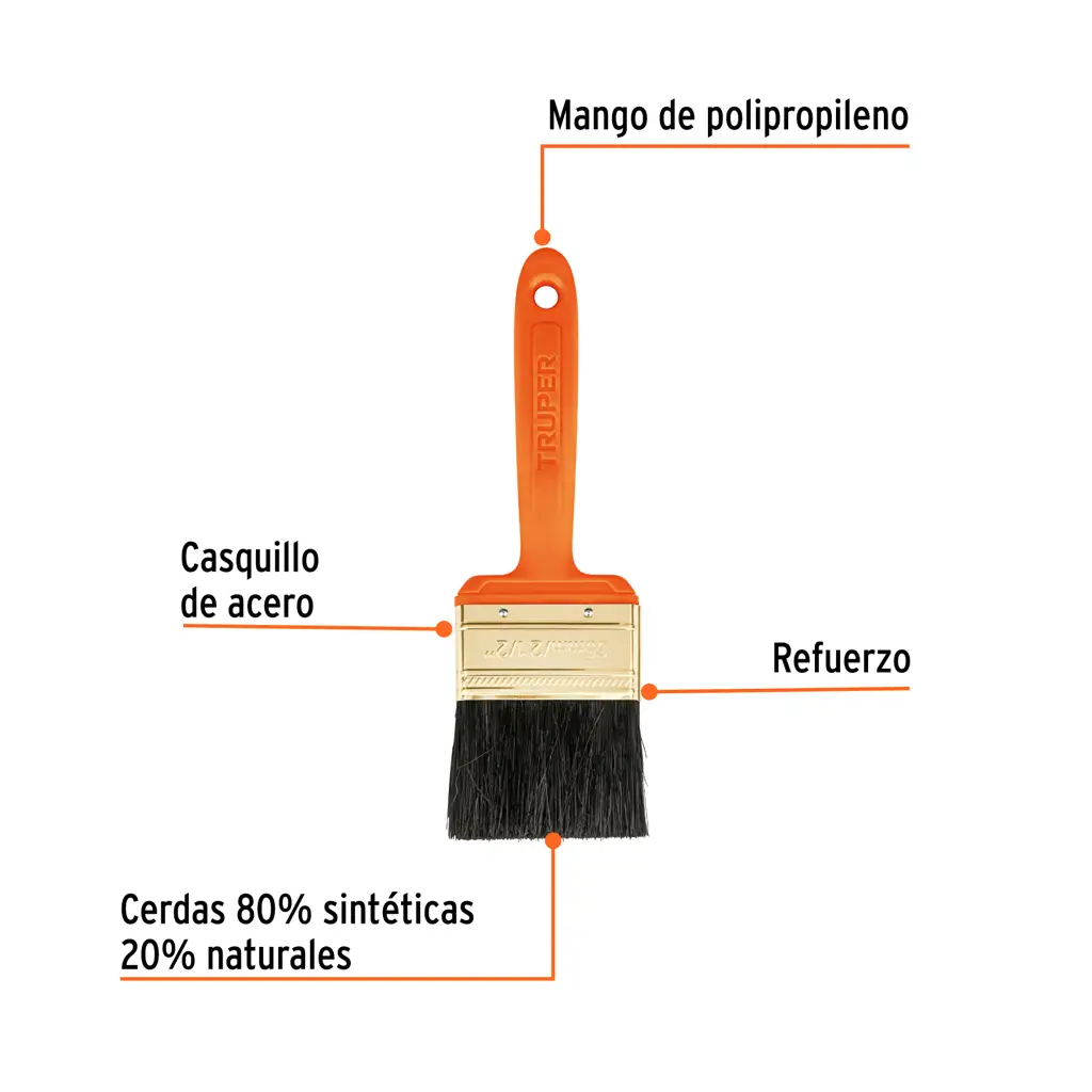 Presentación del mango de polipropileno y las cerdas adheridas con resina epóxica de la brocha Truper modelo BRT-2-1/2.