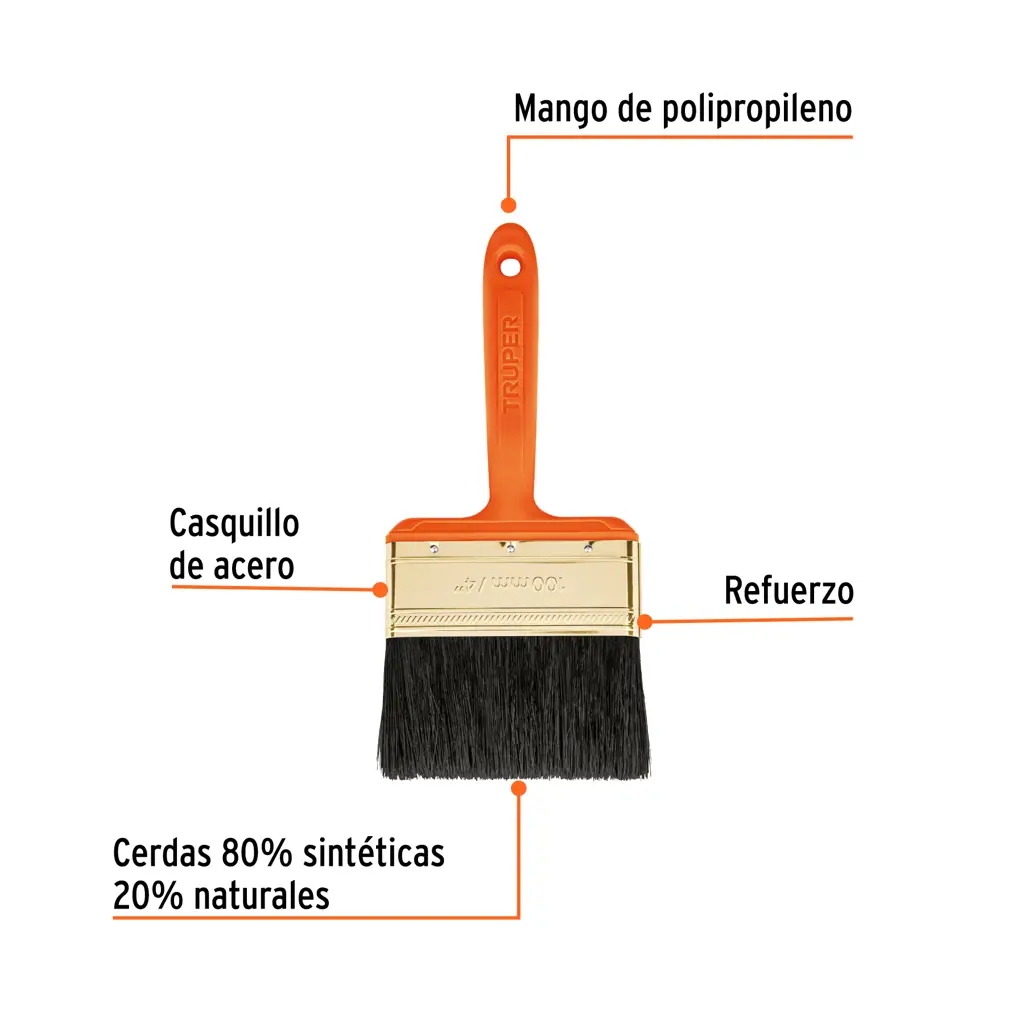 Brocha Truper de 4 pulgadas con mango de plástico negro y cerdas amarillas, lista para pintar. 2