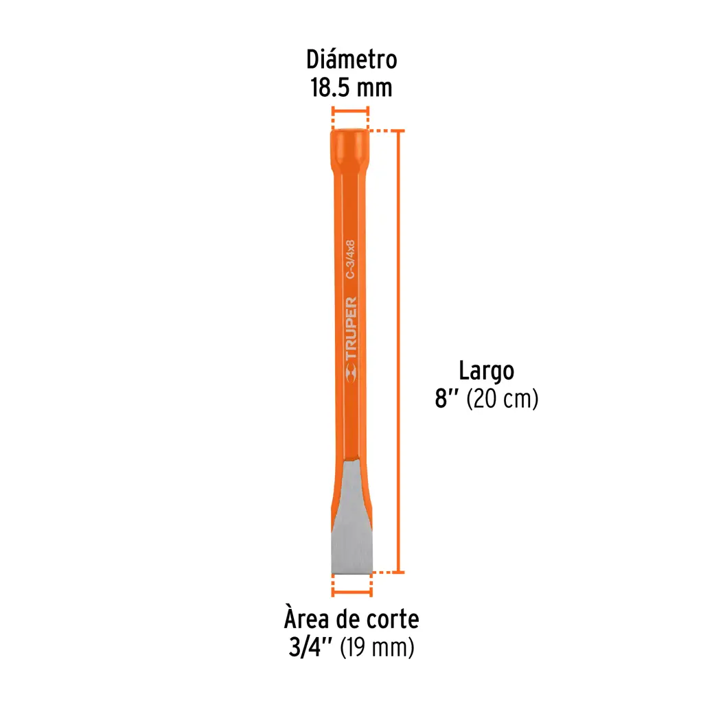 Cincel de corte frío Truper de 3/4 de pulgada de ancho y 8 pulgadas de largo, fabricado en acero cromo vanadio (Cr-V) 3