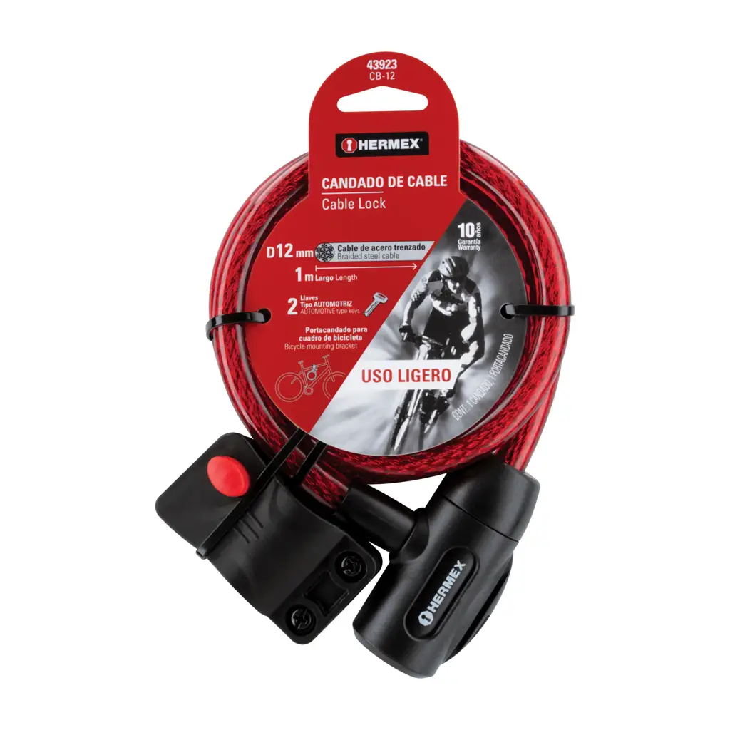 Presentación de empaque del candado de cable Hermex modelo CB-12 con llaves tipo automotriz y soporte para bicicleta.