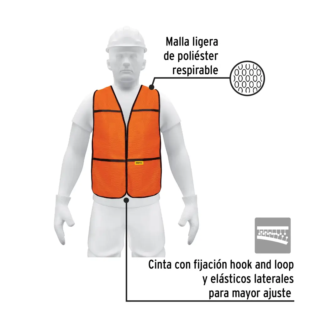 Chaleco de seguridad color naranja marca Pretul con elásticos laterales y cierre de velcro 2