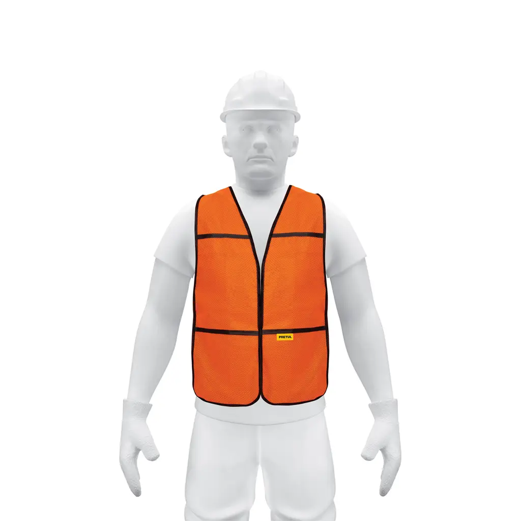 Chaleco de seguridad color naranja marca Pretul con elásticos laterales y cierre de velcro 1