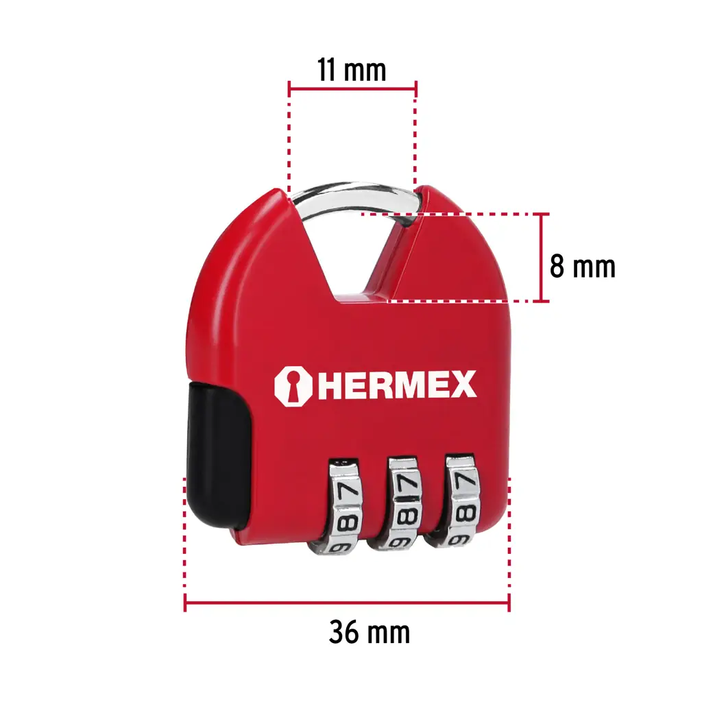 Infografía de especificaciones técnicas del candado Hermex destacando su cuerpo metálico y nivel de seguridad básico.
