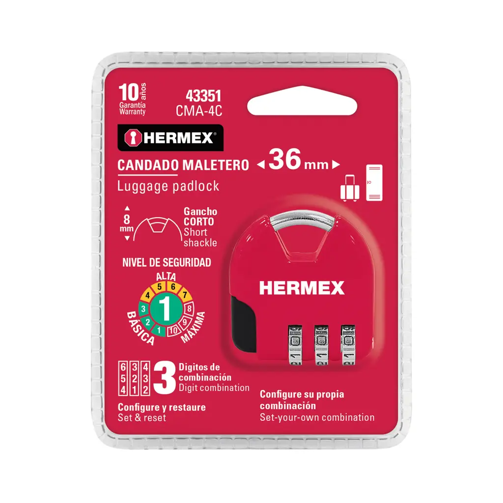 Presentación de empaque del candado de combinación personalizable Hermex para equipaje y mochilas.