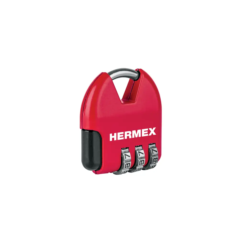 Vista general en fondo blanco del candado de combinación metálico de 3 dígitos modelo CMA-4C marca Hermex.