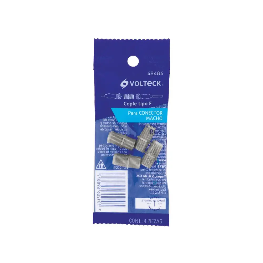 Paquete de cuatro uniones coaxiales metálicas niqueladas marca Volteck para cable RG6 5