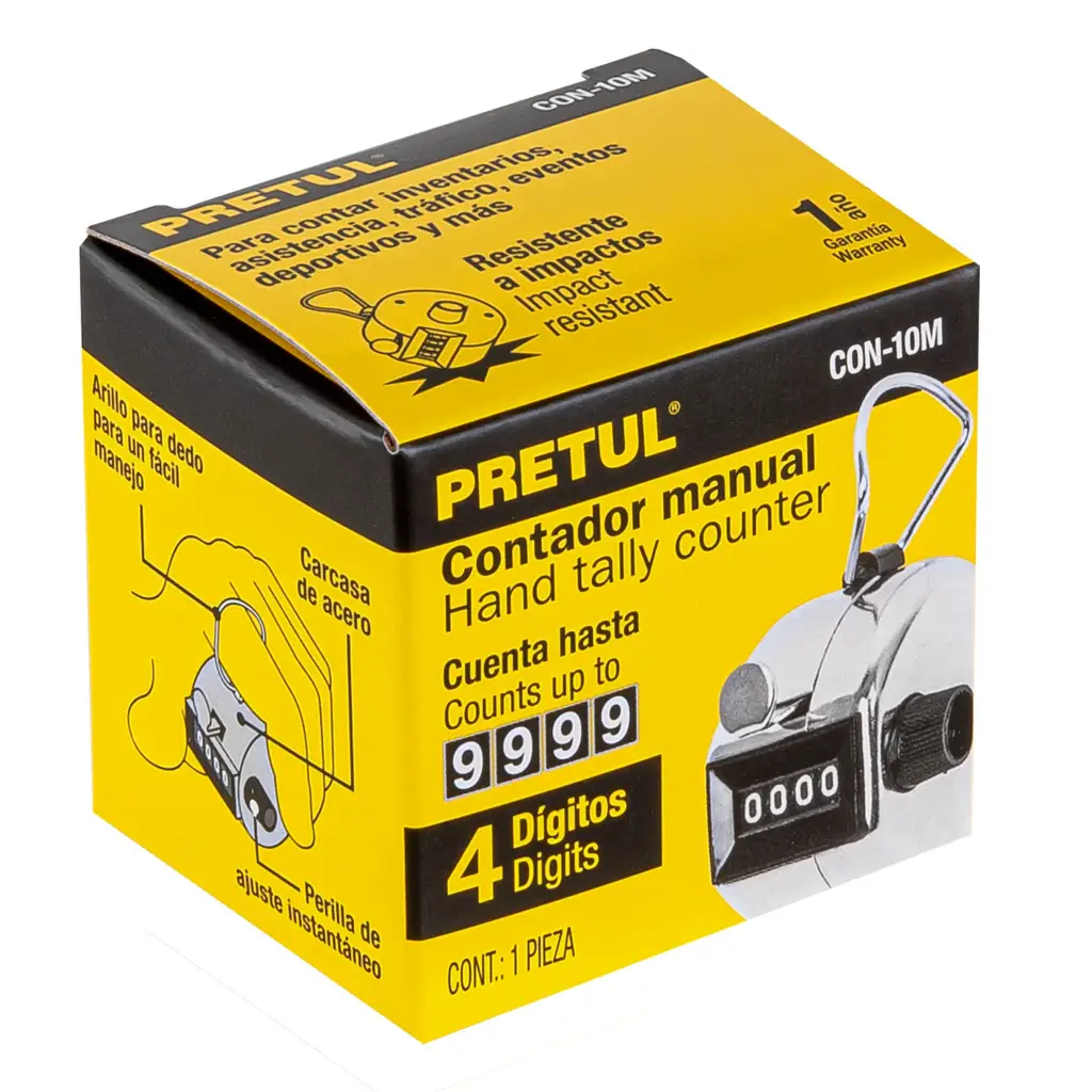 Contador manual Pretul CON-10M de 4 dígitos con arillo para dedo, vista frontal 4