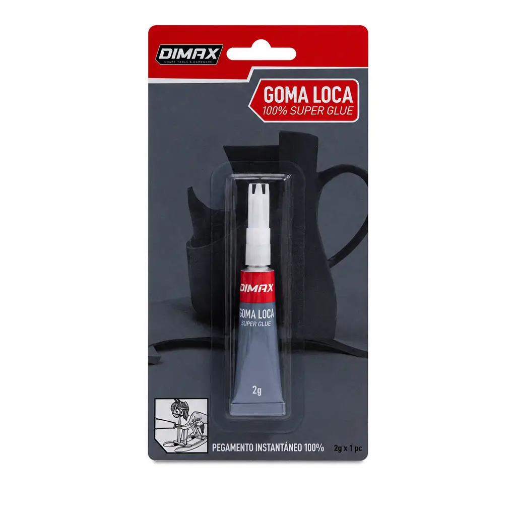 Tubo de goma loca Dimax de 2 gramos para pegado instantáneo de hule, metal y plástico 1