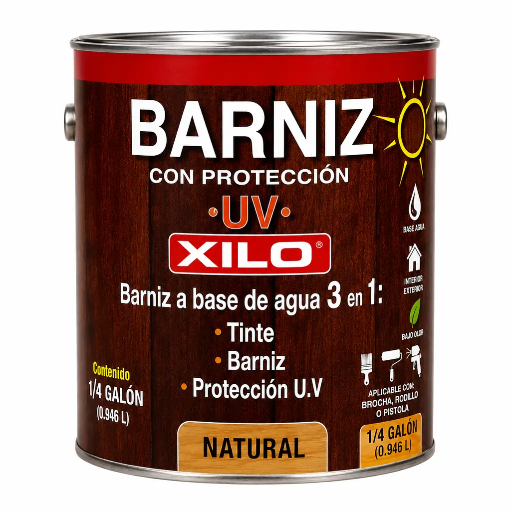 Presentación de un cuarto de galón de barniz 3 en 1 Xilo tono natural base agua para madera 1