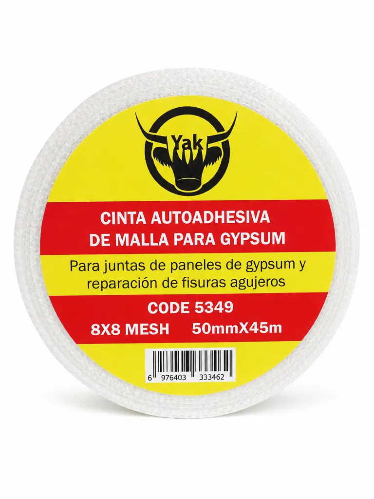 Rollo de cinta malla de fibra de vidrio autoadhesiva marca Yak de cincuenta milímetros por cuarenta y cinco metros para juntas de gypsum 1