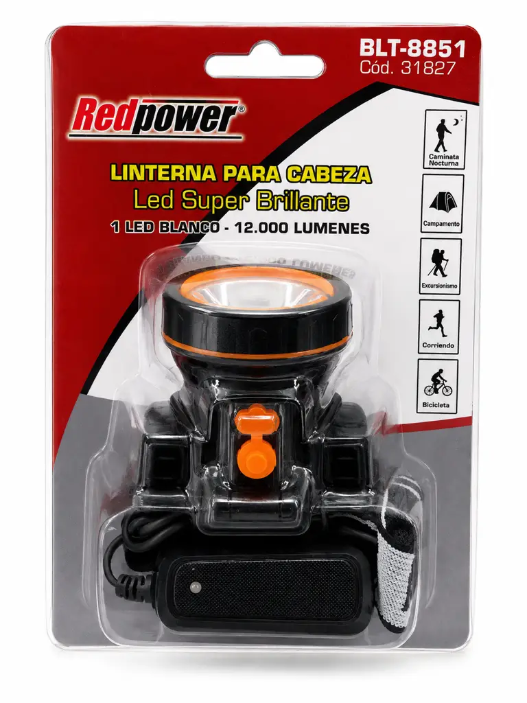 Linterna de cabeza recargable RedPower con correa elástica ajustable y luz LED potente 2