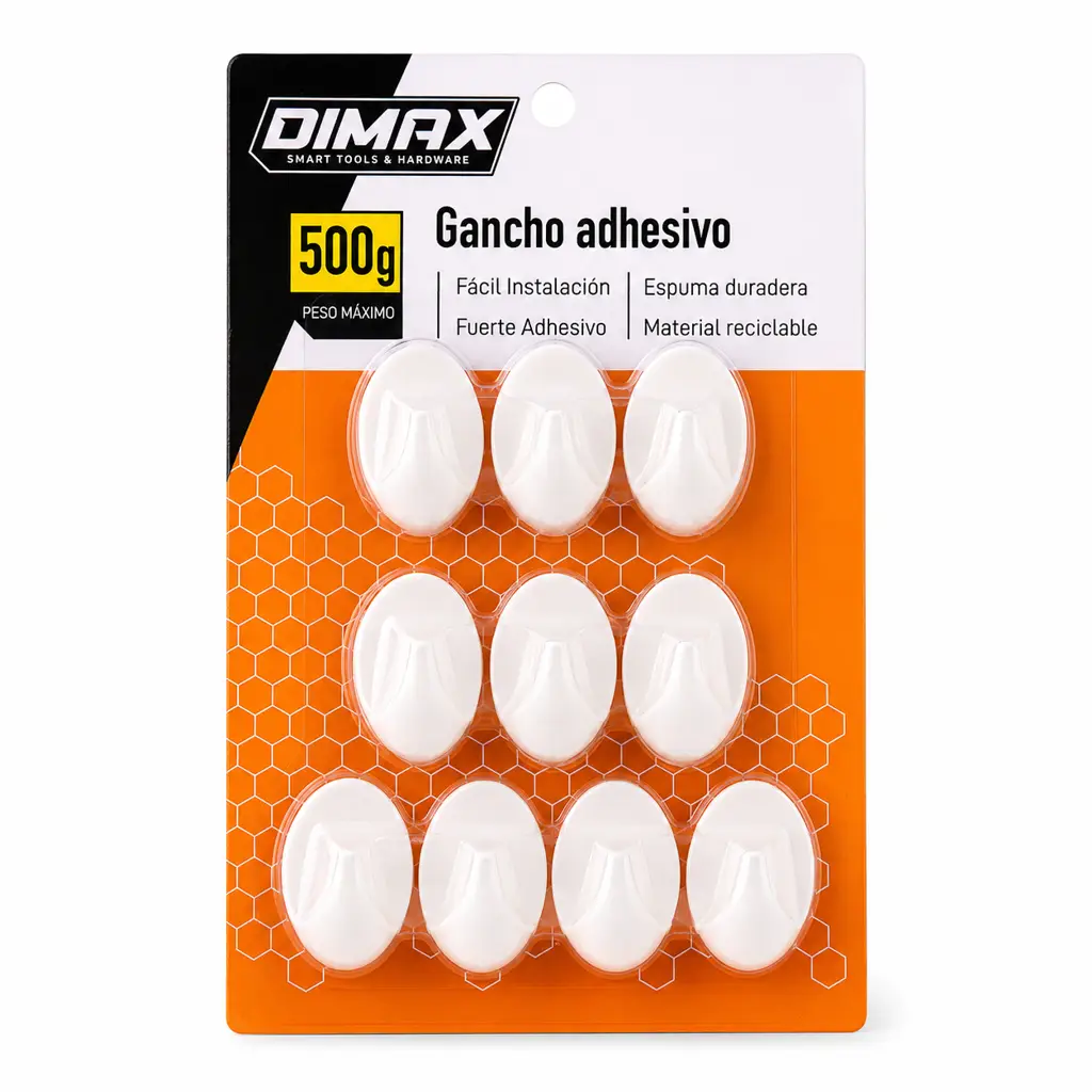 Paquete de diez ganchos adhesivos redondos de color blanco marca Dimax para colgar objetos de hasta 500 gramos 1