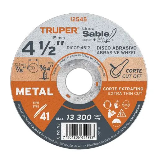 DISCO CORTE METAL FINO 4 1/2" X1MM TRUPER