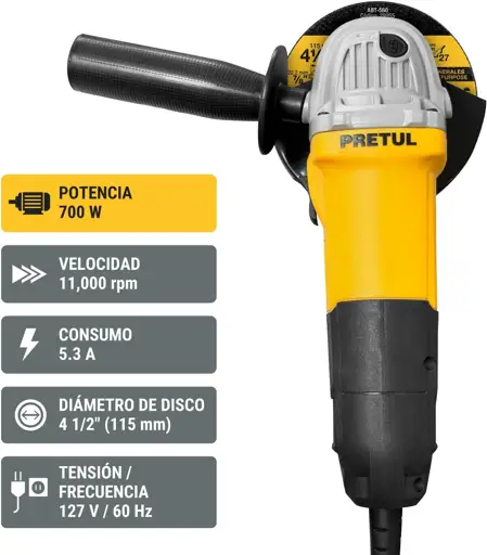 Esmeriladora angular de 4 y media pulgadas Truper modelo ESMA-4-1/2P2 gallina para cortar metal y concreto venta en Dismaco