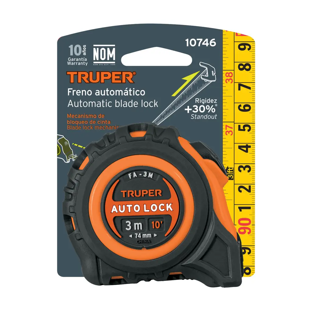 Cinta métrica Truper Autolock de 3 metros con carcasa amarilla y negra, ideal para medir distancias en construcción y trabajos manuales. 5