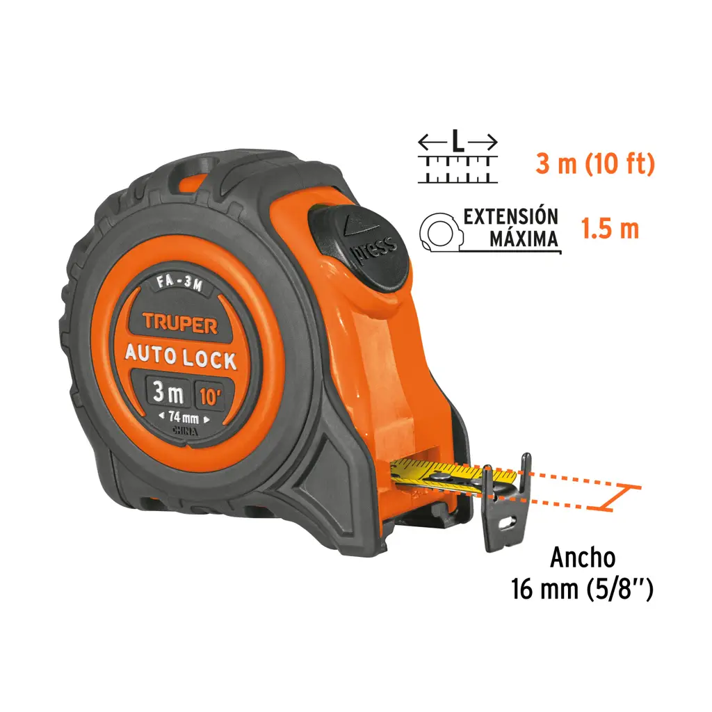 Cinta métrica Truper Autolock de 3 metros con carcasa amarilla y negra, ideal para medir distancias en construcción y trabajos manuales. 3