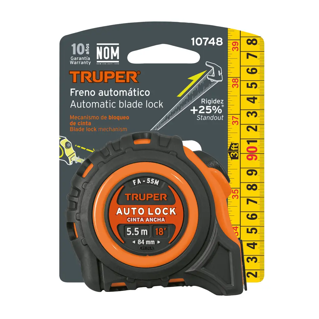 Presentación en cartoncillo comercial del flexómetro Truper Auto Lock de 5.5 metros con freno automático disponible en Disfersa.