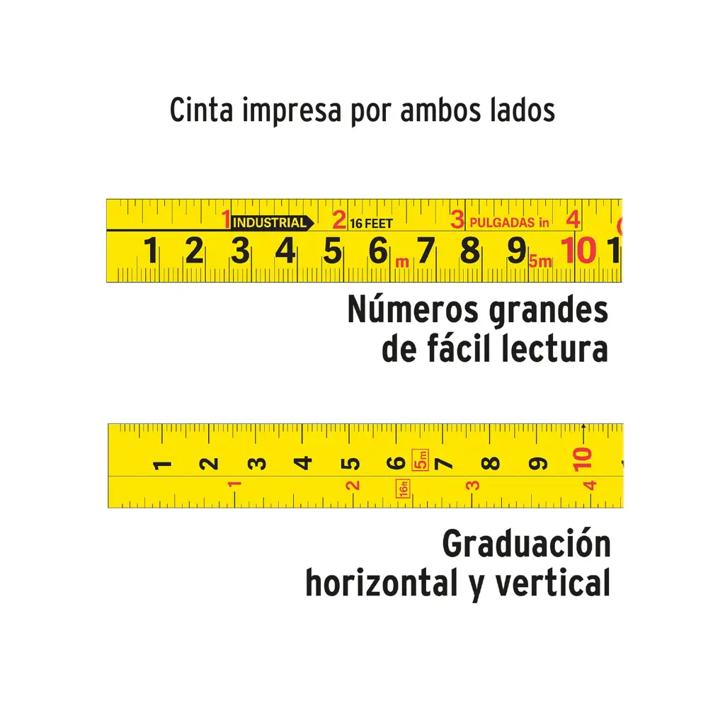 Detalle visual de la cinta amarilla impresa por ambos lados con números grandes y graduación horizontal y vertical del flexómetro Truper Auto Lock en Disfersa.