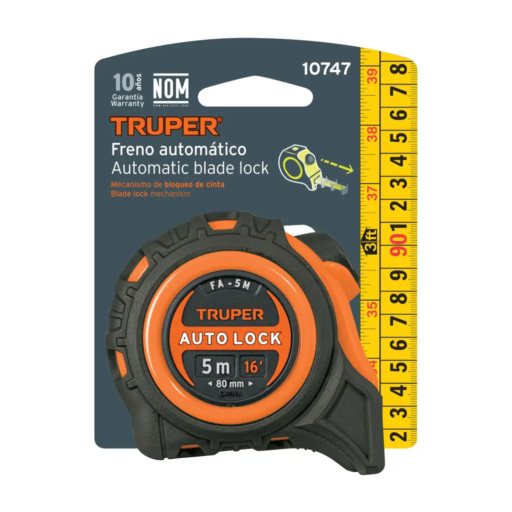 Presentación en cartoncillo comercial del flexómetro Truper Auto Lock de 5 metros con freno automático disponible en Disfersa.