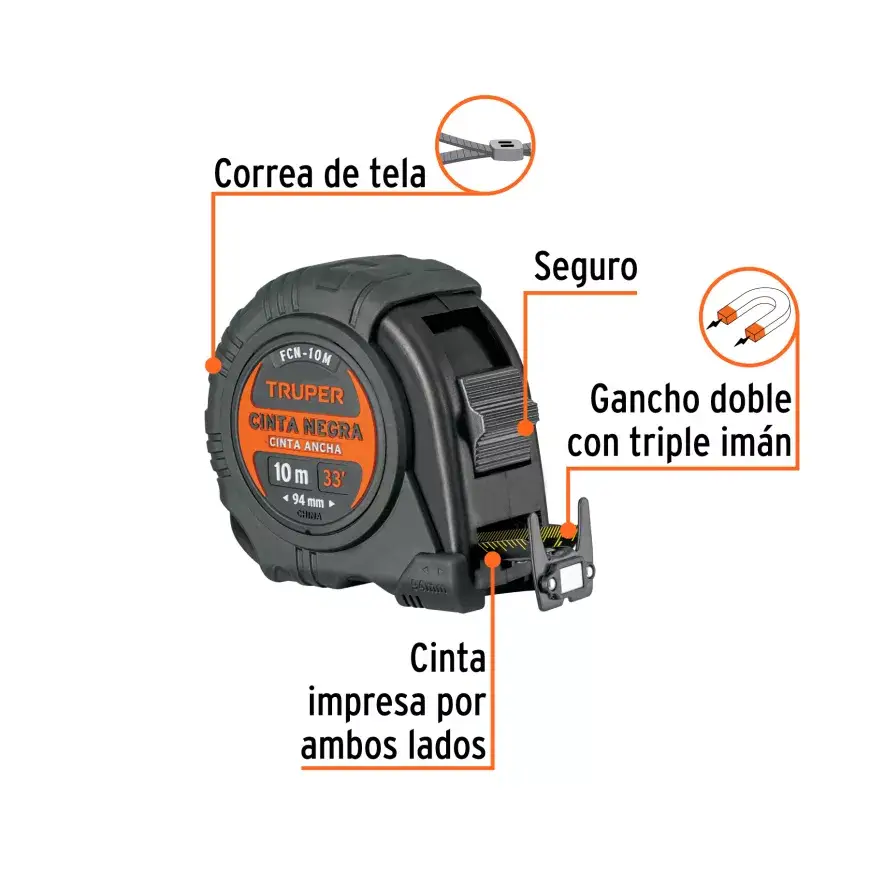 Infografía del flexómetro destacando la correa de tela, el seguro, el gancho doble con triple imán y la cinta impresa por ambos lados.