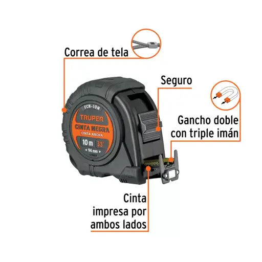 CINTA METRICA 10M NEGRO CONTRA IMPACTOS TRUPER