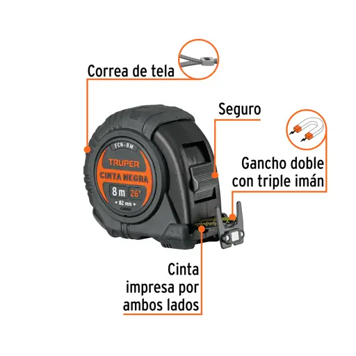 CINTA MÉTRICA 8M NEGRO CONTRA IMPACTOS TRUPER