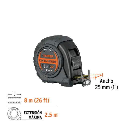 CINTA MÉTRICA 8M NEGRO CONTRA IMPACTOS TRUPER