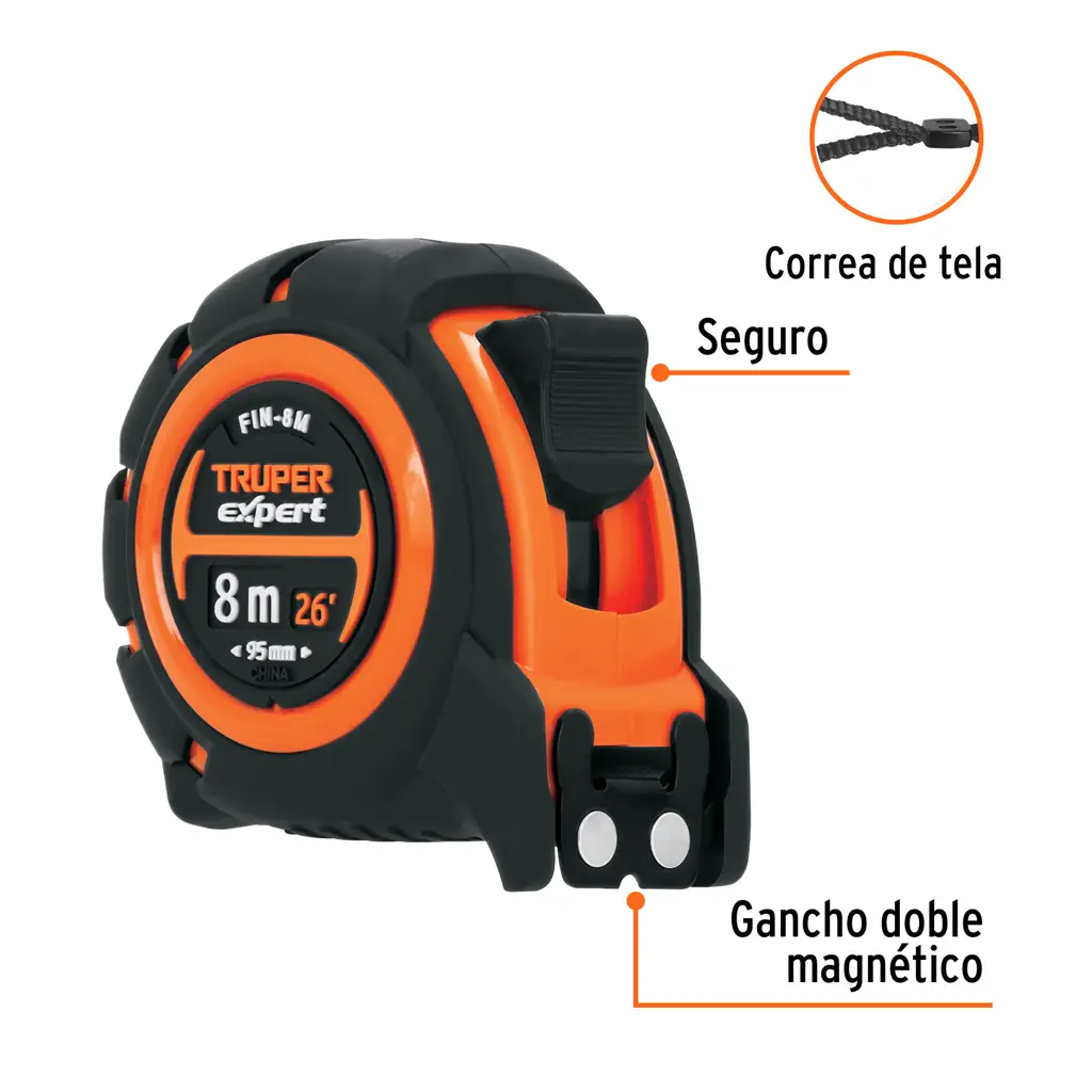 Cinta métrica Truper Expert de 8 metros con carcasa resistente a impactos y gancho magnético doble. 2
