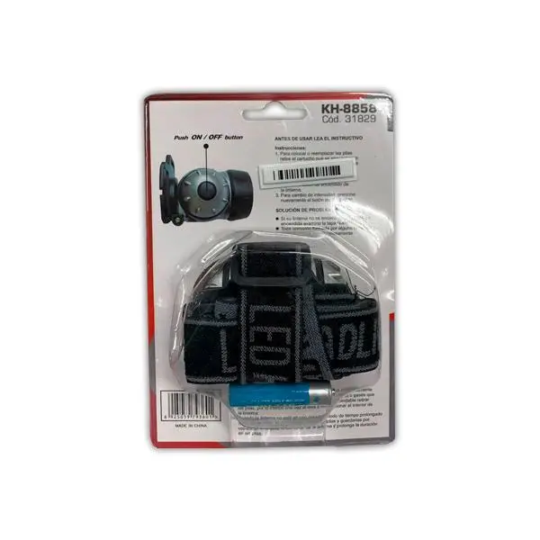Linterna de cabeza Redpower KH-8858 con 7 LEDs, alimentada por baterías AAA, vista frontal encendida. 2