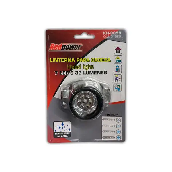 Linterna de cabeza Redpower KH-8858 con 7 LEDs, alimentada por baterías AAA, vista frontal encendida. 1