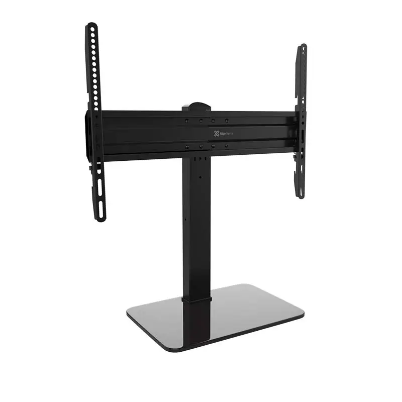 Soporte de sobremesa Klip Xtreme con base de vidrio templado negro sosteniendo una pantalla plana ajustable. 1