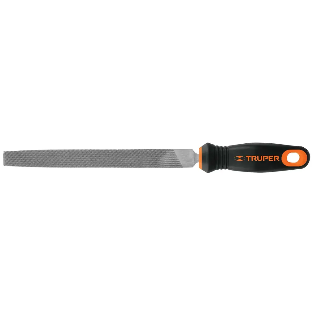 Vista de una lima plana de metal con mango ergonómico negro y naranja de la marca Truper.