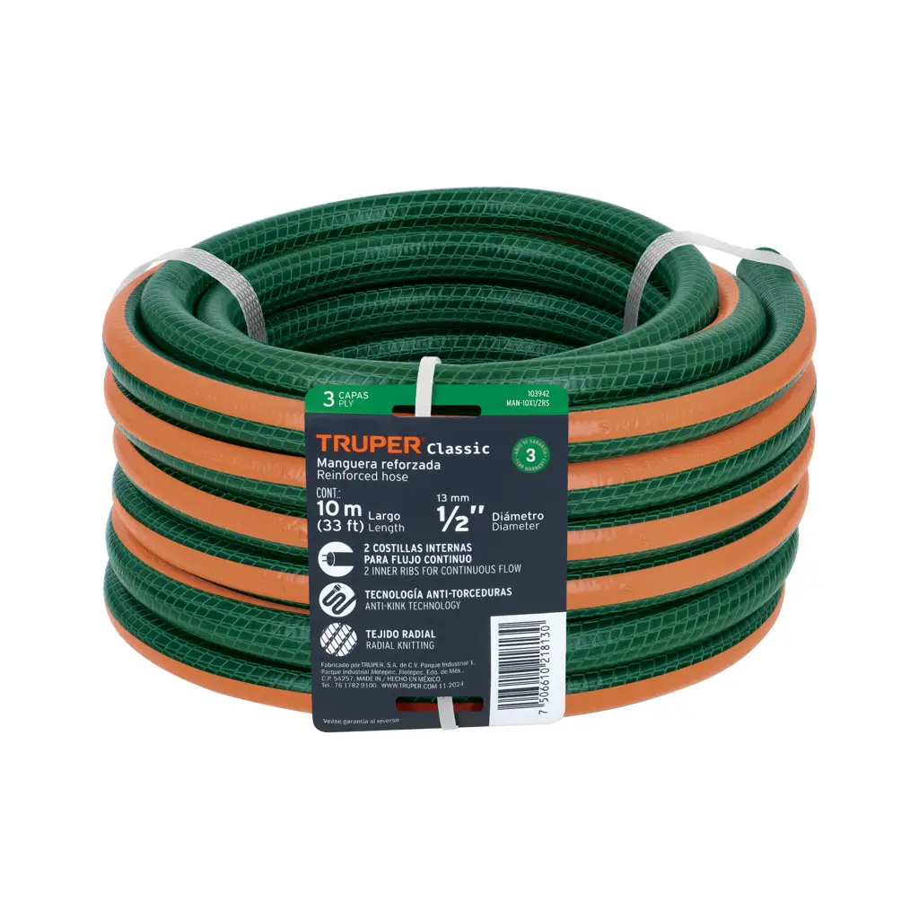 Manguera de jardin reforzada 10 metros media pulgada Truper MAN-10X1/2RS conexiones de laton macizo venta en Dismaco
