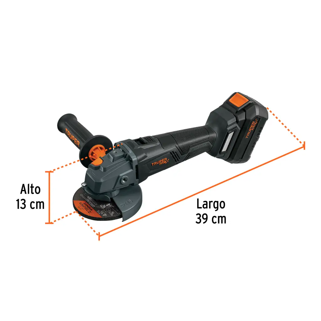 Diagrama de dimensiones de la esmeriladora inalámbrica MAX-20E indicando un largo total de 39 cm y un alto de 13 cm.