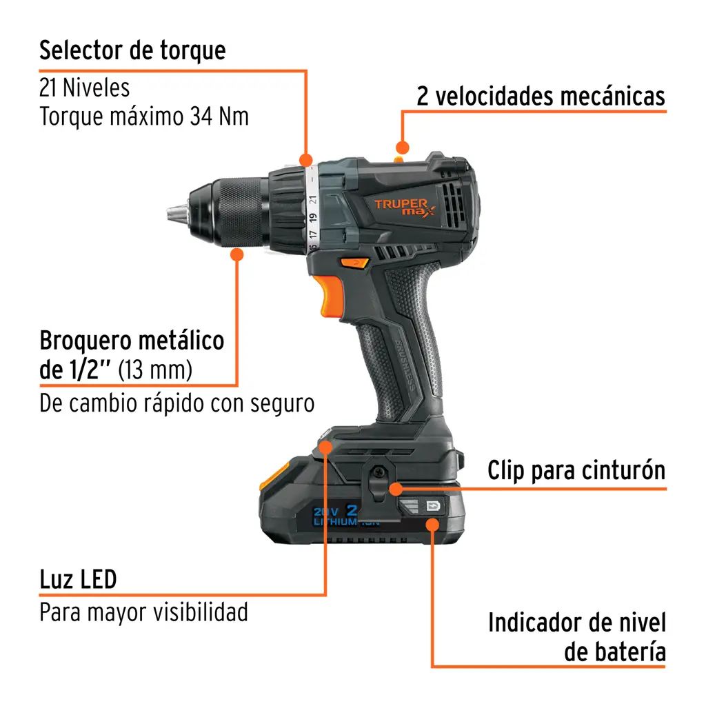 Taladro inalámbrico Truper MAX de 20V con broquero de media pulgada y motor sin carbones 2