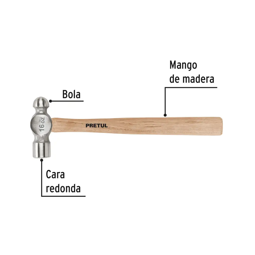 Martillo de bola Pretul de 16 onzas con mango de madera resistente y cabeza de acero templado 3