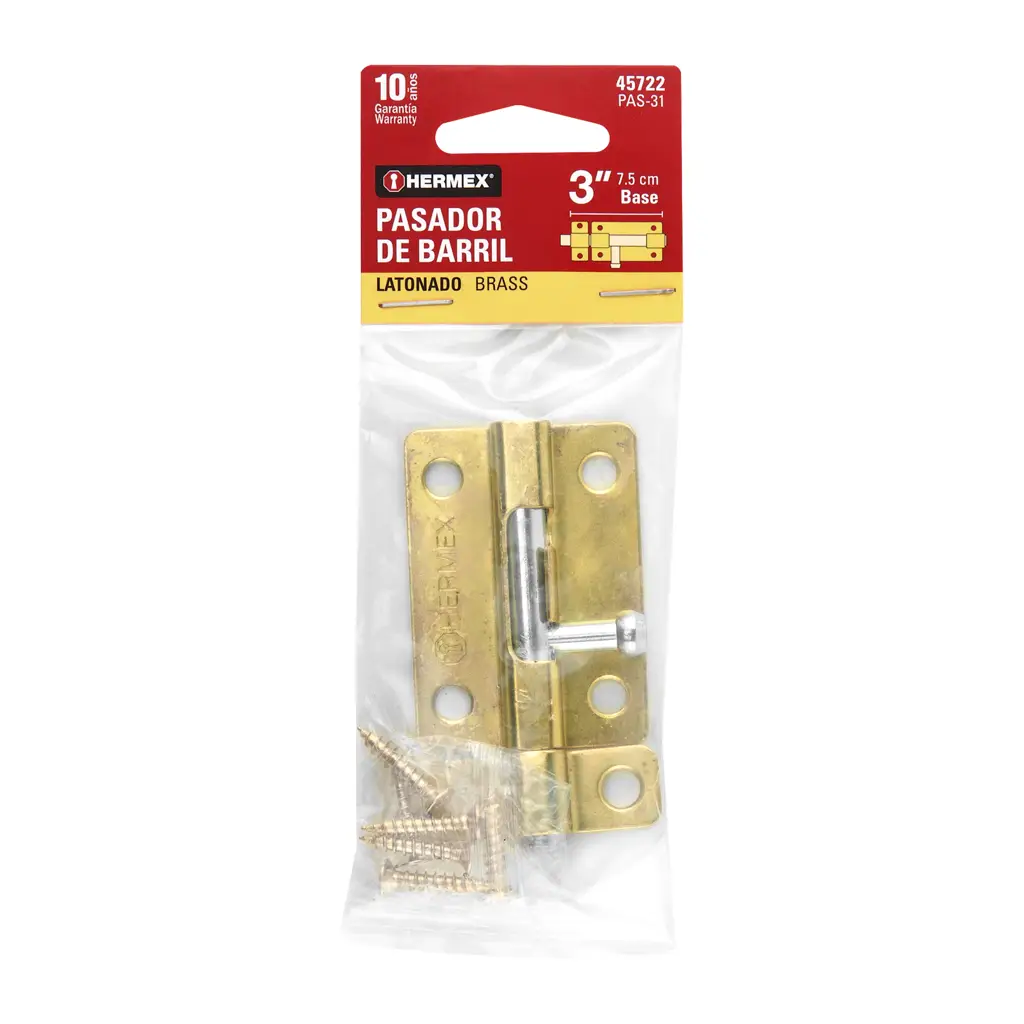 Pasador latonado Hermex de 3 pulgadas con tornillos para instalación en puertas de madera 4