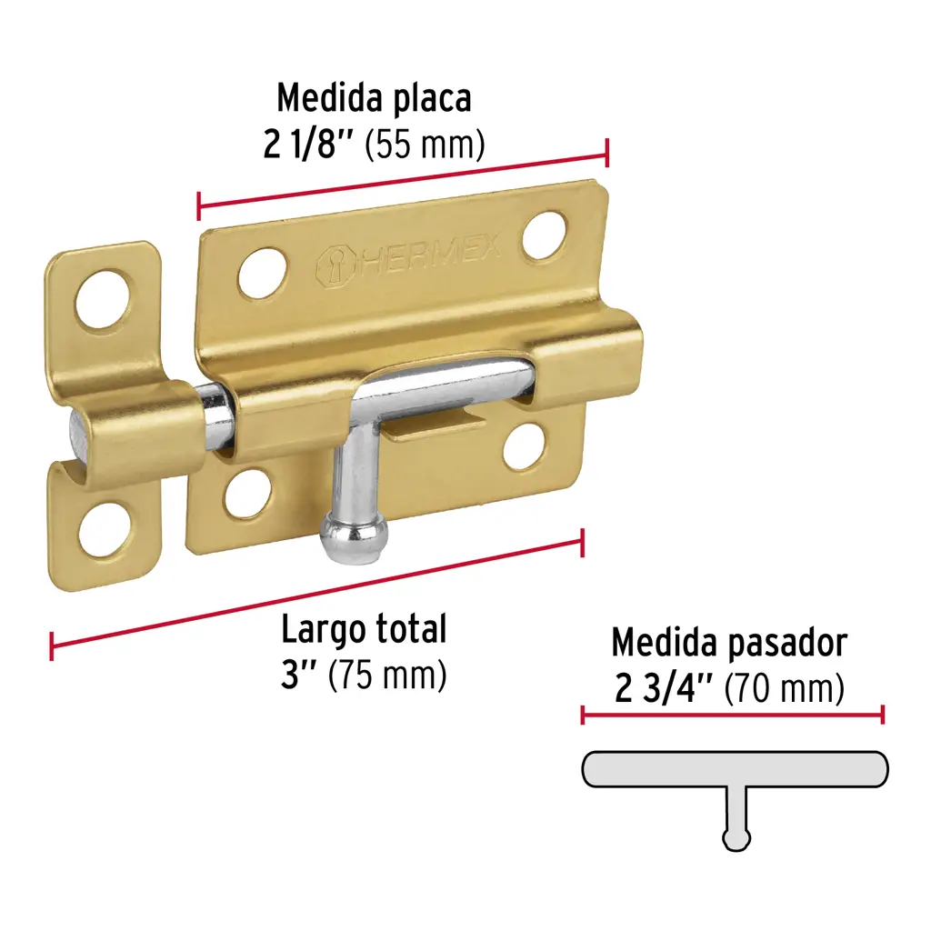 Pasador latonado Hermex de 3 pulgadas con tornillos para instalación en puertas de madera 3