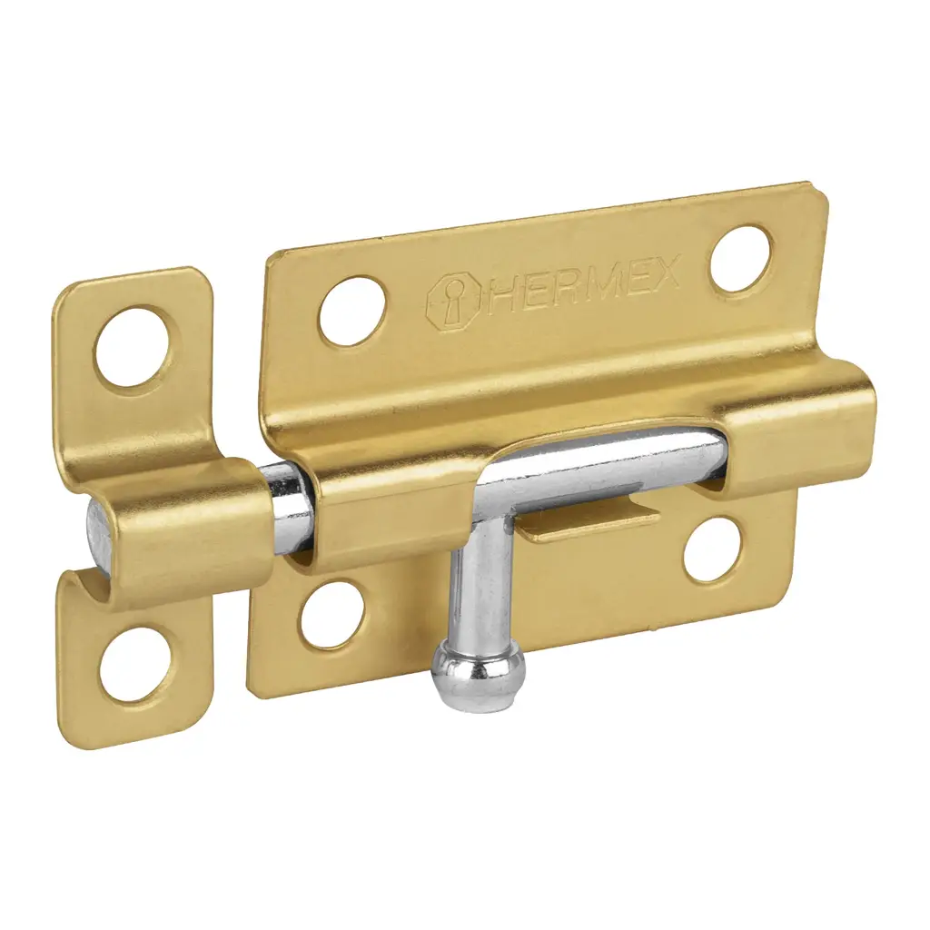 Pasador latonado Hermex de 3 pulgadas con tornillos para instalación en puertas de madera 1