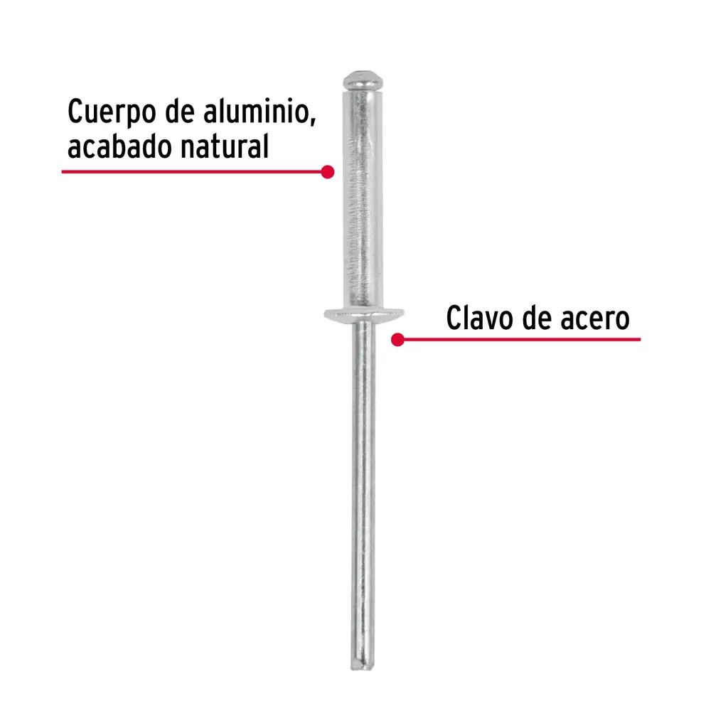 Diagrama técnico detallando las partes del remache Fiero con cuerpo de aluminio en acabado natural y clavo de acero.